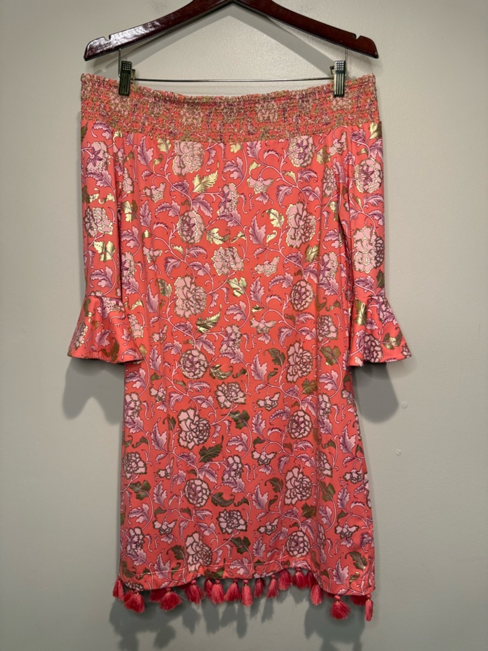 Cabana Life Dress Womens medium Off the Shoulder Tassels UPF Protection Floral - Picture 8 of 9